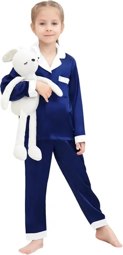 Vista 5 de SWOMOG Conjunto de pijama de satén para niños y niñas, ropa de dormir de manga larga con botones, conjunto de 2 piezas de ropa de descanso