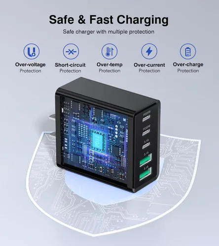 Vista 4 de [Paquete de 2] Cargador de pared USB C, bloque de cargador tipo C de 60 W, bloques de carga rápida de 5 puertos, enchufe multipuerto 3USB C+2USB A
