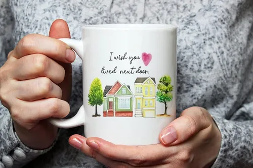 Vista 3 de Fonhark - Taza de café con texto en inglés "I Wish You Lived Next Door Houses", con texto en inglés "Bestie Best Friend", taza de café novedosa