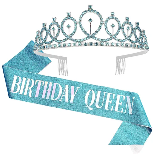 Vista 16 de CAVETEE - Juego de corona y banda de reina de cumpleaños para mujer, banda y tiara de diamantes de imitación, decoraciones de cumpleaños negras Negro