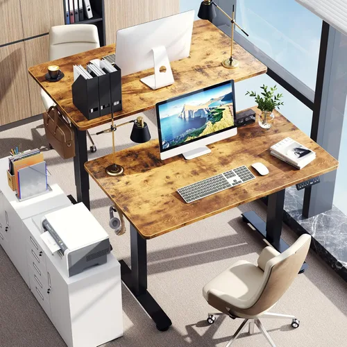 Vista 2 de Veken Escritorio de pie de 47.2 pulgadas, escritorio de oficina de altura ajustable con superficie de madera, mesa de computadora para trabajo