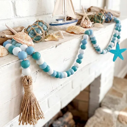 Vista 4 de Janinka Guirnalda de cuentas de madera con borlas, decoración costera Azul