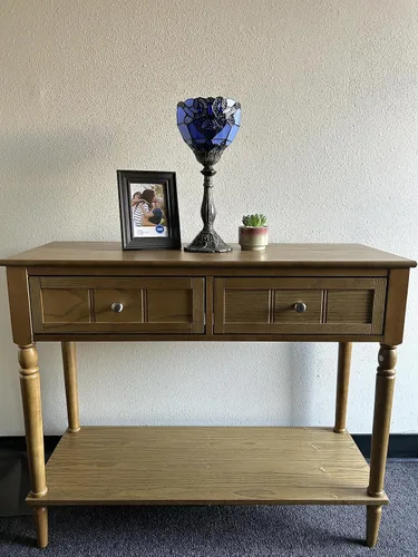 Vista 7 de Tiffany - Mini lámpara de mesa con antorcha azul, estilo barroco, lavanda, vitral, incluida, bombilla LED para sala de estar, comedor, dormitorio