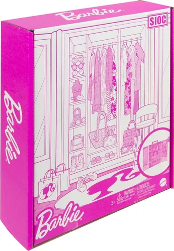 Vista 6 de Set de armario de Barbie con 3 conjuntos, accesorios de estilo y perchas, ropa para mezclar y combinar para más de 50 looks