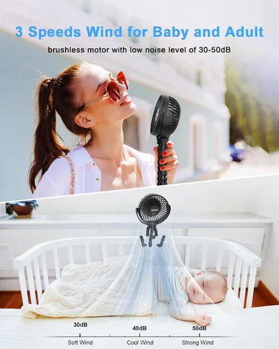 Vista 5 de Coohea Ventilador de cochecito con clip para bebé, funciona con batería recargable de 4000 mAh, trípode flexible, 3 velocidades de viento, rotación