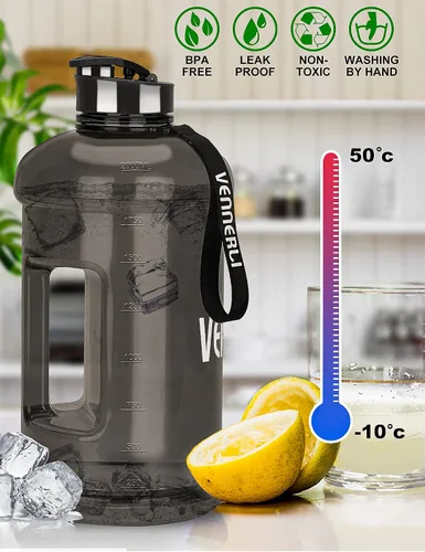 Vista 5 de Botella de agua de medio galón de 2.2 L grande para deportes con asa, 74 onzas, sin BPA, reutilizable, de plástico, a prueba de fugas