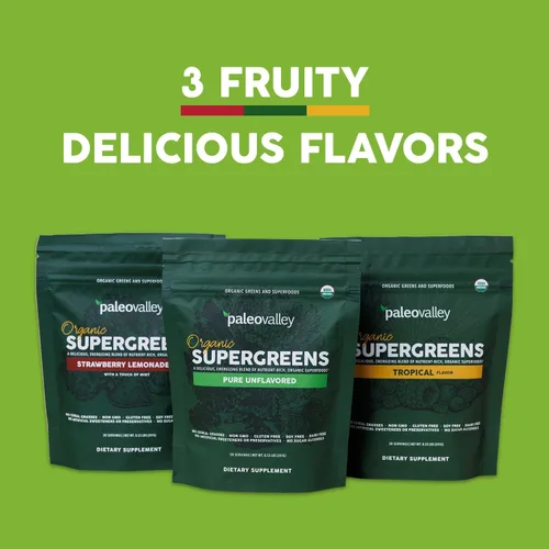 Vista 3 de Paleovalley Organic Supergreens - Superalimento orgánico en polvo de verduras para apoyo inmunológico - Mezcla de polvo verde paleo - 30 porciones