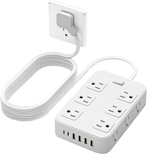 Vista 10 de Tira de alimentación con enchufe plano, protector de sobretensiones, cable de extensión de 5 pies con 12 tomas de corriente alterna, 6 puertos USB