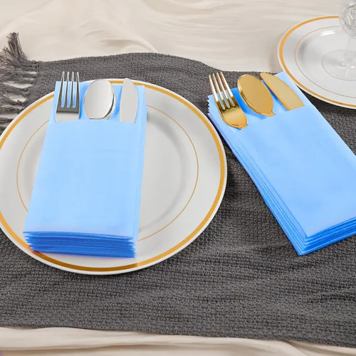 Vista 5 de Servilletas desechables de color azul menta, paquete de 50 servilletas de papel de tacto de lino con bolsillo integrado para cubiertos, tela