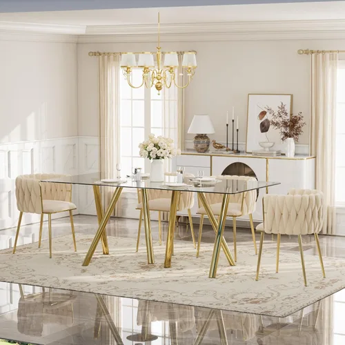 Vista 18 de Glam Style - Juego de mesa de comedor de 5 piezas para 4, mesa de comedor rectangular de vidrio templado de 51 pulgadas con base de metal dorado
