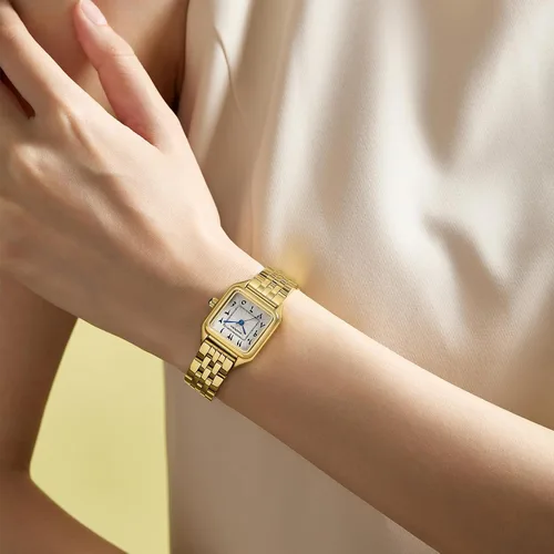 Vista 6 de Relojes dorados para mujer, pulsera pequeña, esfera de números arábigos, correa de acero inoxidable, caja rectangular de cuarzo para mujer, reloj