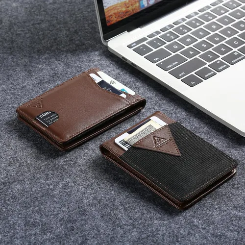 Vista 4 de Tryangoos Cartera plegable de cuero genuino con bloqueo RFID delgada y minimalista para hombre, bolsillo frontal con cierre magnético, bolsillo
