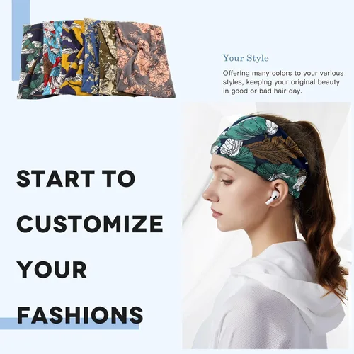Vista 4 de Diademas anchas para mujeres y niñas, diadema bohemia con estampado floral, turbante nudo, diadema para entrenamiento, bandas para el cabello