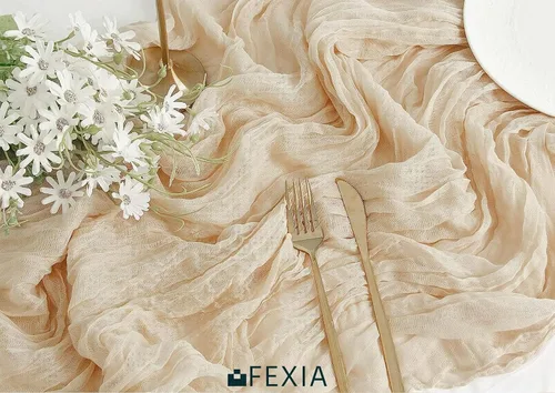Vista 3 de FEXIA Camino de mesa de estopilla color beige 35x120 pulgadas, gasa color marfil, rústico, bohemio, para primavera y Pascua, camino de mesa