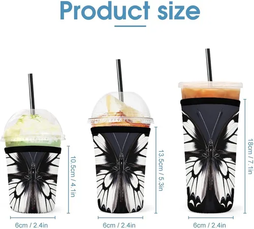 Vista 2 de Black White Butterfly Reusable Insulated Neoprene Iced Coffee Cup Sleeves 3 Sizes Diving Material Cup Durable Beverage Covers for Cold Coffee Tea