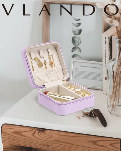 Vista 2 de Vlando Pequeño organizador de joyero de viaje Anillo de regalo para mujer, aretes, collares, vitrina de almacenamiento para niñas, color morado