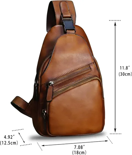 Vista 5 de Bolso de cuero genuino para hombres y mujeres, estilo vintage, de cuero auténtico, bandolera de hombro, bolso cruzado en el pecho, Marrón, Mediana