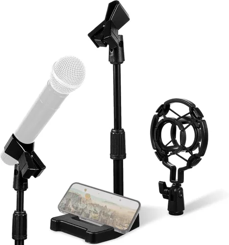 Vista 9 de Toyvian Soporte de micrófono de escritorio ajustable con base estable y soporte de montaje de choque, soporte de mesa para micrófono de mesa que