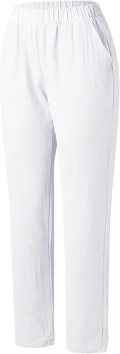 Vista 5 de Pantalones de lino para mujer, de verano, casuales, de tiro alto, cónicos, de algodón, cintura elástica, con bolsillos
