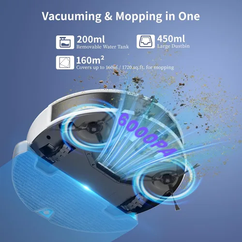 Vista 4 de OKP Life Robot aspiradora L6 Aqua, navegación LiDAR, 3.7 pulgadas súper delgada, 6000 Pa potente succión, 150 minutos, aspiradora robótica