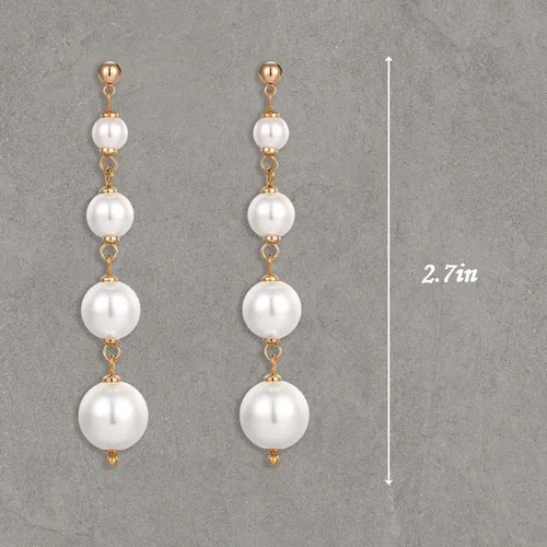 Vista 6 de Aretes colgantes de perlas de plata de ley 925 para mujeres y niñas, aretes largos de perlas, aretes colgantes de nácar, accesorios de perlas