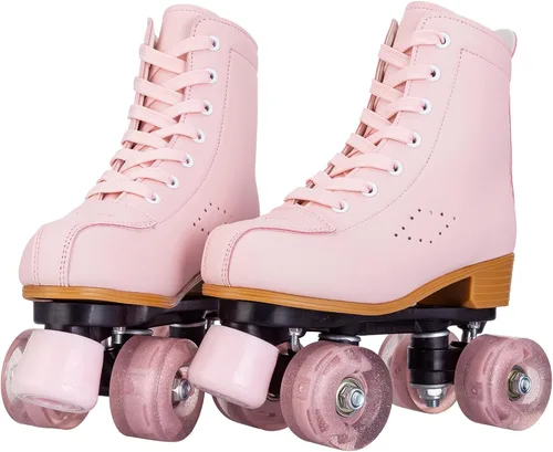 Vista 3 de YYW Patines para niñas y mujeres, fantásticos patines de piel sintética rosa y morado con luz para niños y jóvenes, para interiores y exteriores