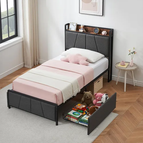 Vista 5 de GAOMON Base de cama tamaño individual con 2 cajones de almacenamiento y estación de carga, base de cama tapizada de lino rústico con cabecera