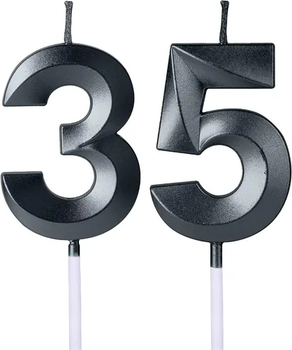 Vista 8 de Velas rojas de cumpleaños 35 y 53 para pasteles, número 35 53 con purpurina para decoración de tartas de fiesta, aniversario, boda, celebración
