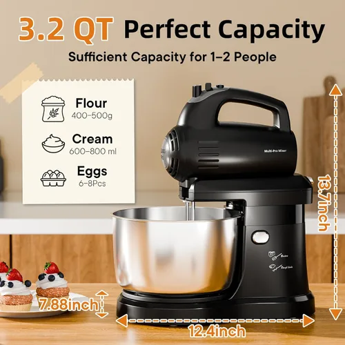 Vista 6 de Batidora de Pie Batidora de Mano Eléctrica de Cocina - Tazón Giratorio Automático de 3.2 QT y Batidor, Batidora de Pie Pequeña, Batidora Doméstica