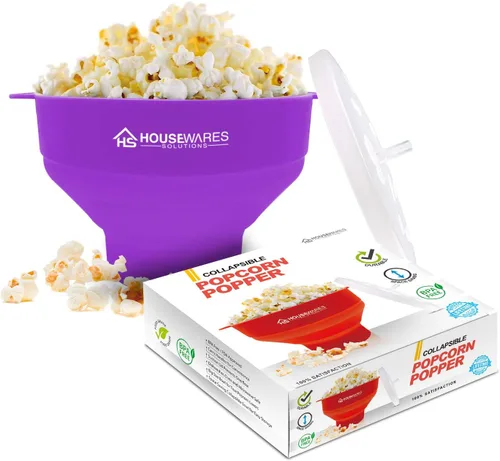Vista 10 de BRENSTEN - Tazón plegable de silicona para palomitas de maíz con aire caliente para microondas con tapa y asas - Aqua