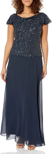 Vista 8 de J Kara Vestido largo de manga con volantes y cuello redondo y cuentas para mujer Champán Multi