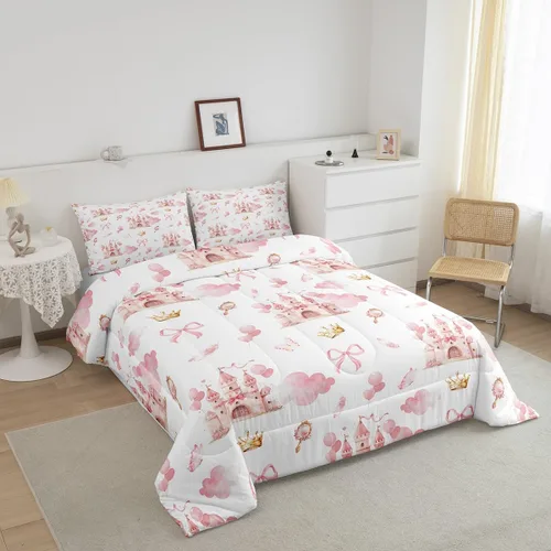 Vista 3 de Feelyou - Juego de funda de edredón para niños, castillo rosa, tamaño individual, lindo juego de edredón con moño, juego de cama para niños y niñas