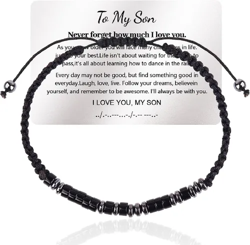 Vista 7 de Pulsera de código morse "Te quiero" con tarjeta de billetera grabada, regalos para hijo/nieto, pulsera de cuentas hecha a mano, regalos de Navidad