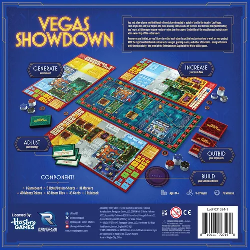 Vista 2 de Renegade Game Studios: Vegas Showdown Juego de mesa de estrategia, juego de construcción de casino de Las Vegas, mayores de 14 años, 3-5 jugadores