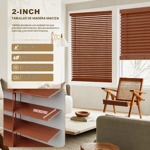 Vista 3 de Persianas de madera real de 2 pulgadas para ventanas de interior, persianas venecianas opacas de madera maciza, tamaño personalizado, color cereza