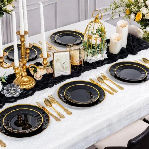 Vista 5 de supernal 60 piezas Platos de Cumpleaños Negros y Dorados Platos de Plástico para Fiestas y Platos Desechables Elegantes Platos Festoneados