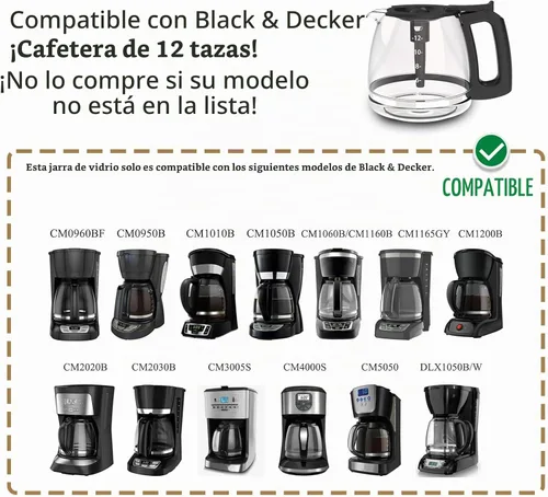 Vista 3 de Jarra de café de repuesto para cafetera Black and Decker de 12 tazas CM1160B, CM1060B, mango negro