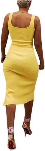 Vista 2 de Salimdy - Vestido de longitud media con corte tubo, sexy y liso, con tirantes delgados, acanalado, con botones, abertura lateral, entallado
