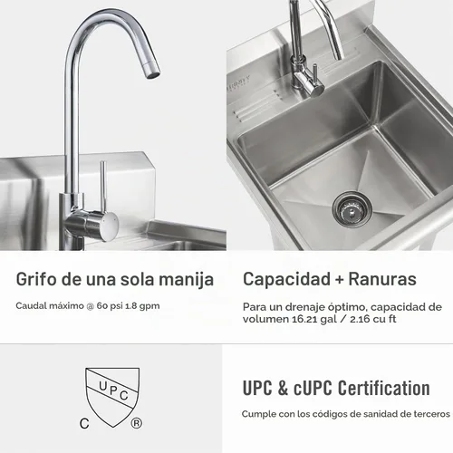 Vista 4 de TRINITY BASICS Fregadero independiente de acero inoxidable de un solo compartimento con grifo cromado, certificado NSF, para garaje, lavandería