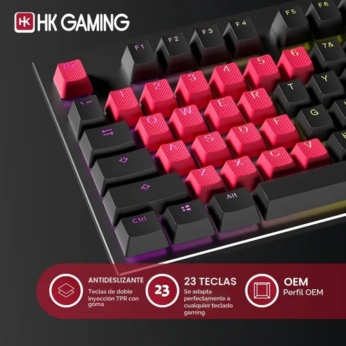 Vista 2 de HK GAMING Juego de teclas dobles retroiluminadas de goma Perfil OEM para teclado mecánico (23 teclas, rojo español)