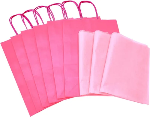 Vista 7 de DjinnGlory Paquete de 24 bolsas de regalo de papel rosa intenso de tamaño mediano con asas de 10 x 8 x 4 pulgadas y 24 papel de seda rosa para Rosa