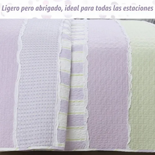 Vista 6 de Cozy Line - Juego de edredón de rayas verdes lavanda y puntos morados, 2 piezas, 100% algodón, reversible, para todas las estaciones, con fundas