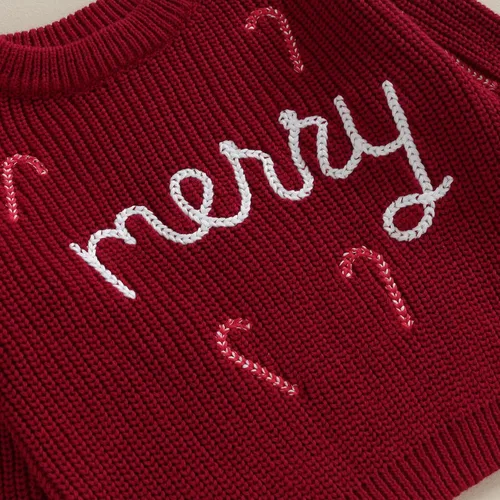 Vista 5 de Suéter de punto grueso para bebé niña, con letras bordadas, cuello redondo, manga larga, suéter para otoño e invierno
