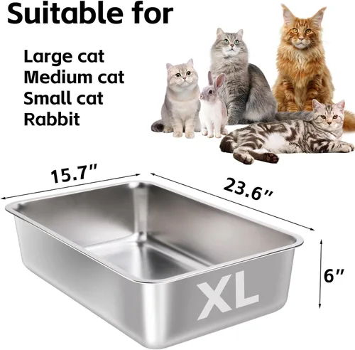 Vista 3 de Caja de arena de acero inoxidable de 6 pulgadas de alto, caja de arena de metal XL para gatos grandes, fácil de limpiar, caja de arena de metal