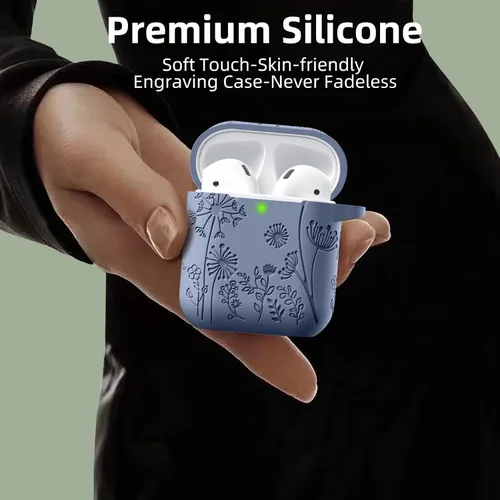 Vista 4 de Lerobo - Funda grabada con flores para estuche de AirPods, protector de silicona suave y elegante con llavero, compatible con estuche de carga