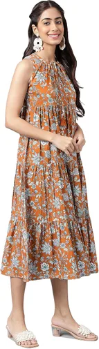 Vista 5 de Janasya Vestido escalonado con estampado floral digital de musgo marrón para mujer
