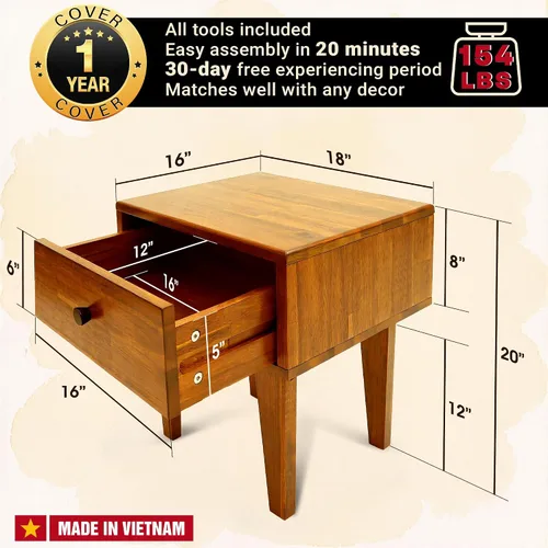 Vista 2 de Acacia Sofia - Mesita de noche con cajón, mesita de noche, mesa auxiliar de madera maciza con cajón y espacio de almacenamiento para dormitorio