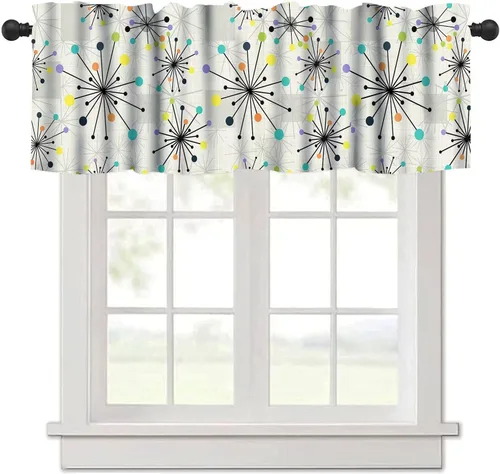 Vista 30 de Cenefa de cortina geométrica para ventanas, cenefa moderna con bolsillo para barra, 1 panel, cortinas cortas abstractas para playa, cortinas cortas