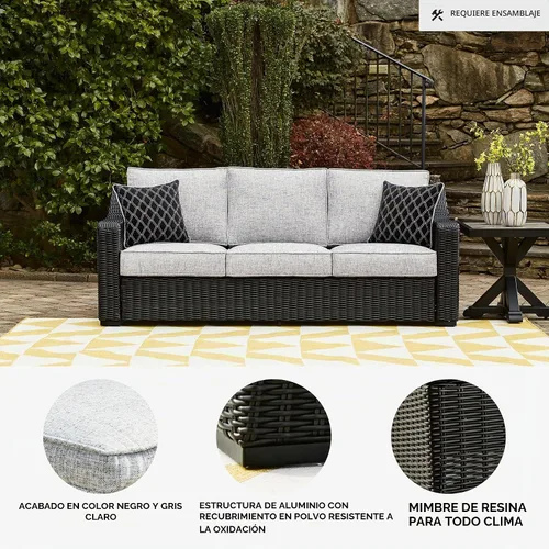 Vista 4 de Signature Design by Ashley Beachcroft - Sofá resistente a la intemperie con tela casual para interiores/exteriores con cojín y 2 cojines Negro
