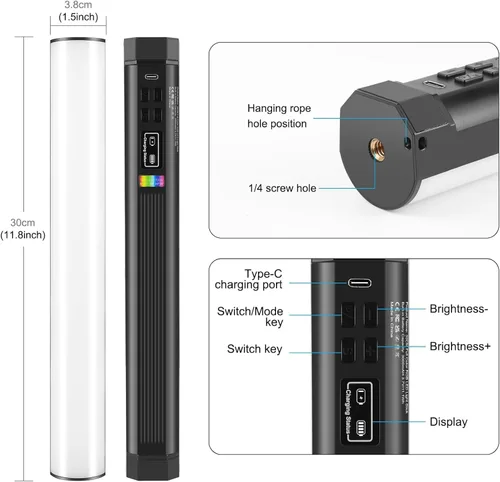 Vista 2 de OBEST Luz de video RGB portátil con batería de 3000 mAh, 2500-9000 K, regulable, para estudios fotográficos, TikTok, YouTube Vlogs, 11.8 in